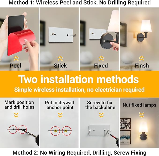 Vimhou Peel and Stick Wall Sconces, Stick On Wall Sconce Set of 2, Battery