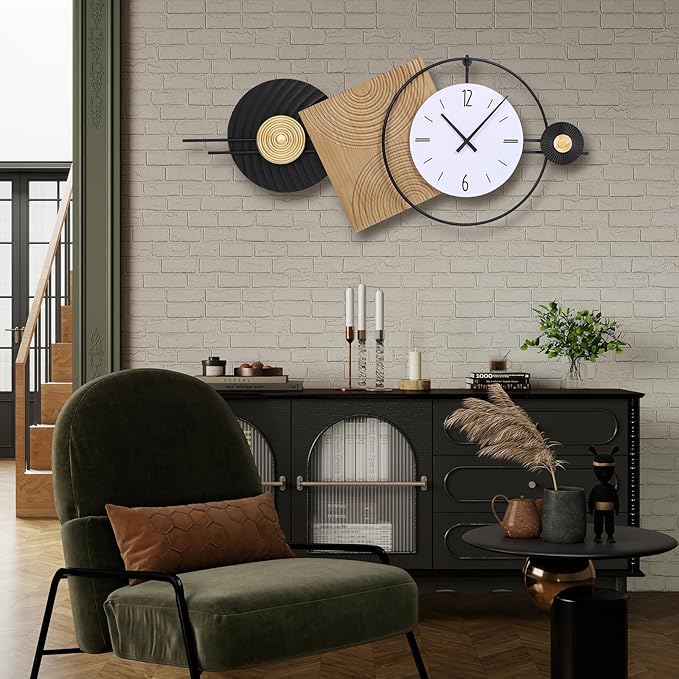 37.7X21Inch Large Modern Wall Clock Geometric Dial-Solid Wood Metal Frame