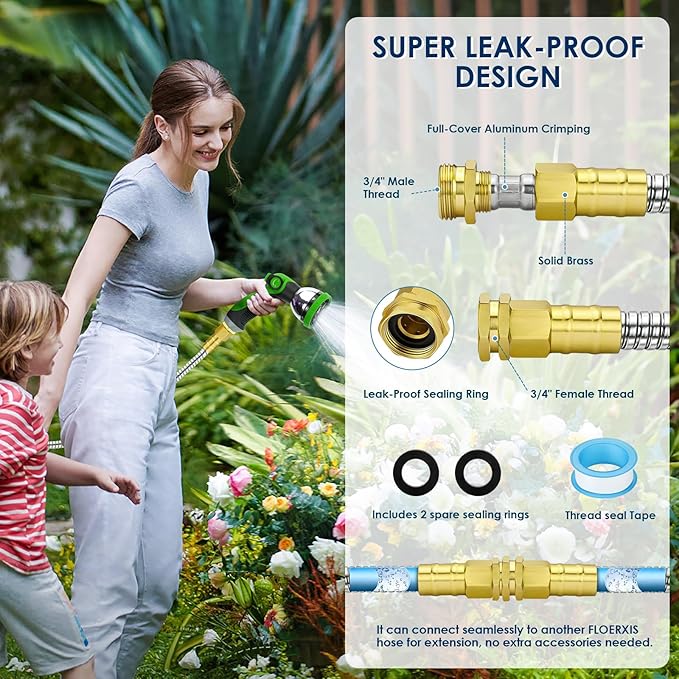 25 FT Stainless Steel Garden Hose with 10-Function Spray Nozzle, Kink-Free Flexible Metal Water Hose, Solid Brass 3/4'' Connectors, Heavy Duty, Durable, Leak-Proof, Lightweight, Tangle-Free