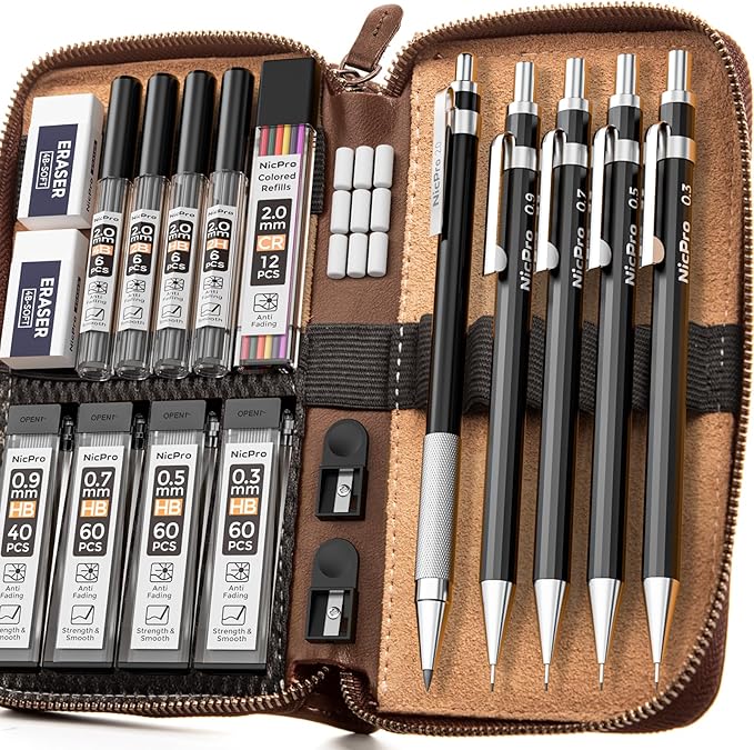 Nicpro 29PCS Black Metal Mechanical Pencil Set in Leather Case, 0.3, 0.5, 0.7, 0.9 & 2mm Lead Pencil Holder, (6B 4B 2B HB 2H 4H) Lead Refills (Black & Colors), Eraser For Art Drafting Sketching