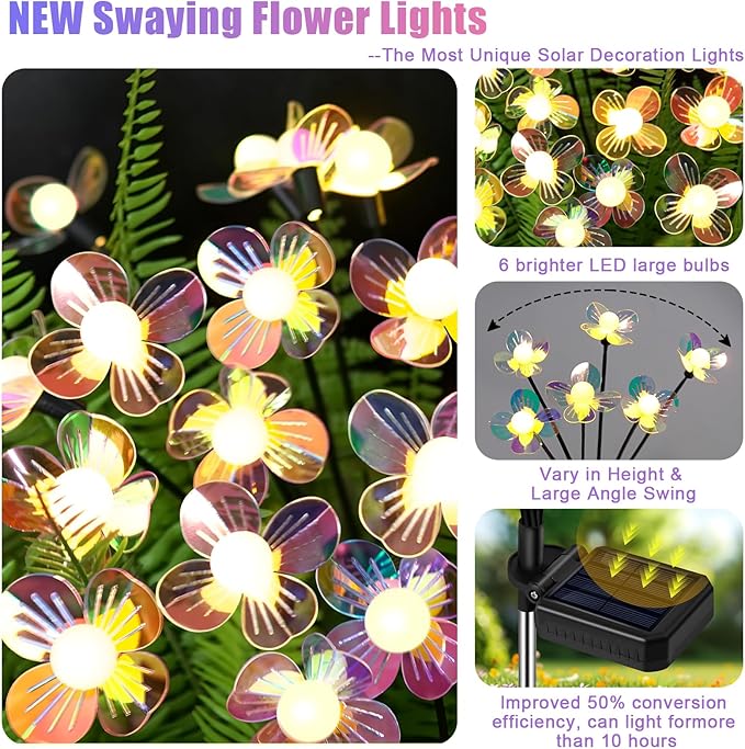 NBQQ Solar Garden Lights Outdoor, Swaying Light Waterproof Solar Lights Outdoor for Yard Pathway Patio, Swaying Lawn Decor as Gardening Gifts for Women Holiday (Warm White-Flowers, 4 Pack)