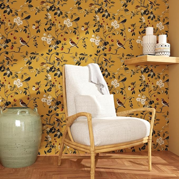 Laatse Vintage Bird Wallpaper 17.5"x393" Yellow Chinoiserie Floral Wallpaper
