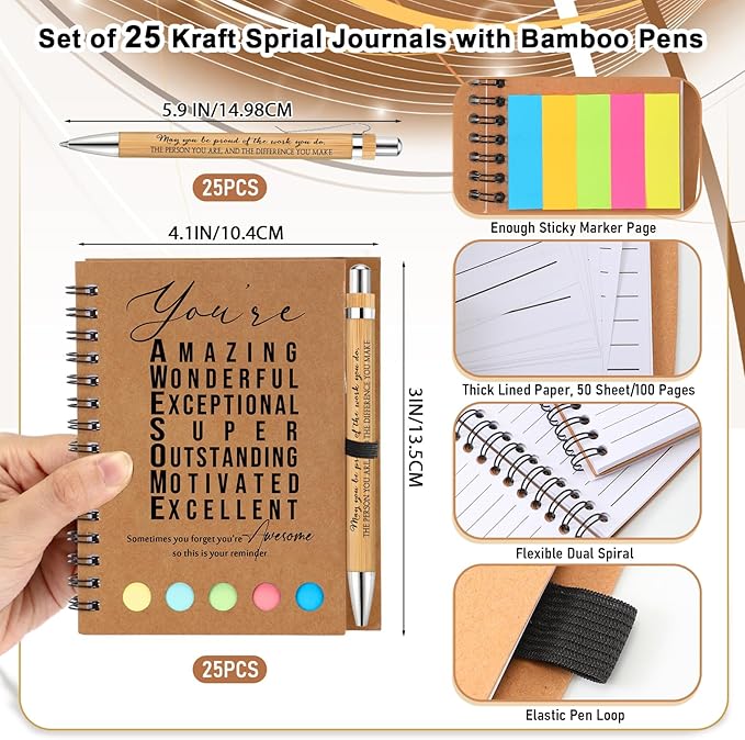 Jetec Inspirational Notebooks Bulk Spiral Notebook with Sticky Notepad Motivational Pens Valentines Day Gifts for for Employee Coworker Nurse Staff Teacher Nurse Volunteer(25 Sets,Amazing)
