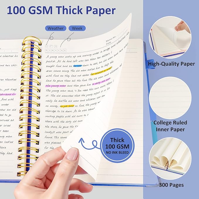 Hardcover Spiral Notebook Journal, 8"x10" Large B5 Notebooks with Removable Dividers Tabs, 300 Pages Leather 5 Subject Notebook College Ruled, Journal for Work School Note, 100 GSM Thick Paper,Blue