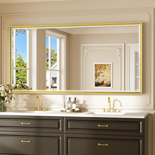 Keonjinn 72" x 36" Gold Bathroom Mirror, Decorative Metal Frame, Safe Beveled