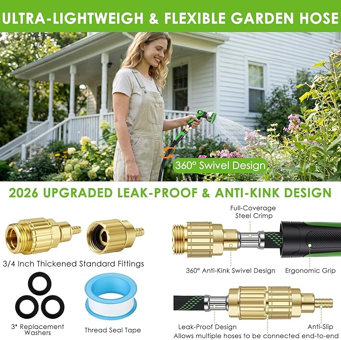 Garden Hose 75 ft, Non-Expandable Ultra-Lightweight Flexible Hose with 360° Dual-End Anti-Kink Design, 10-Pattern Spray Nozzle, 500 PSI Leak-Proof, 96-Strand Braided Fabric, Storage Strap