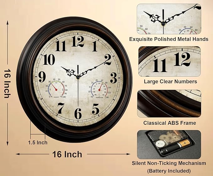Vintage Wall Clock 16 Inch Quartz Silent Non-Ticking Analog Clock