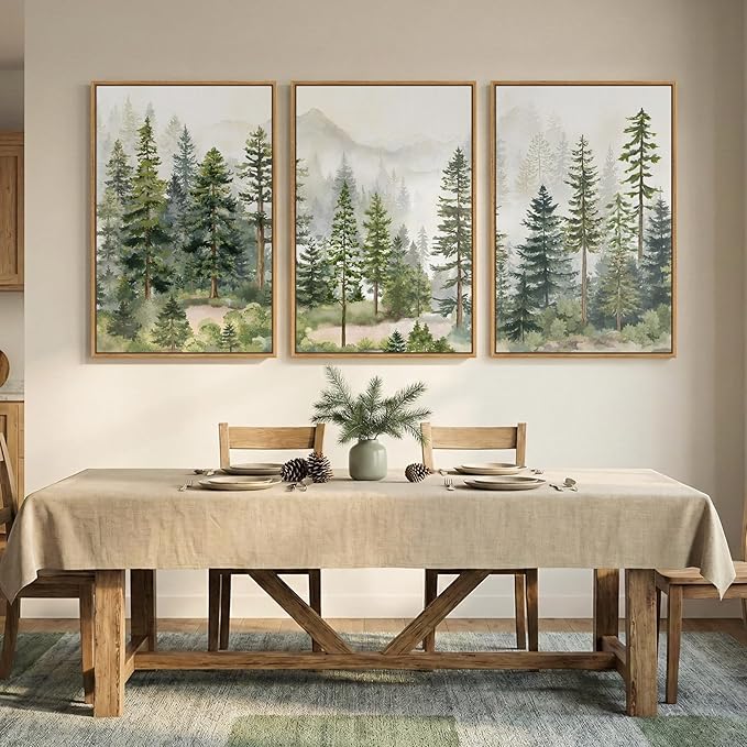 Large Framed Green Forest Landscape Wall Art for Living Room, 3 Piece Nature Pine Tree Woodland Artwork for Walls, White Foggy Mountain Modern Nordic Scenic Bedroom Office Print Wall Decor, 24x36 Inch