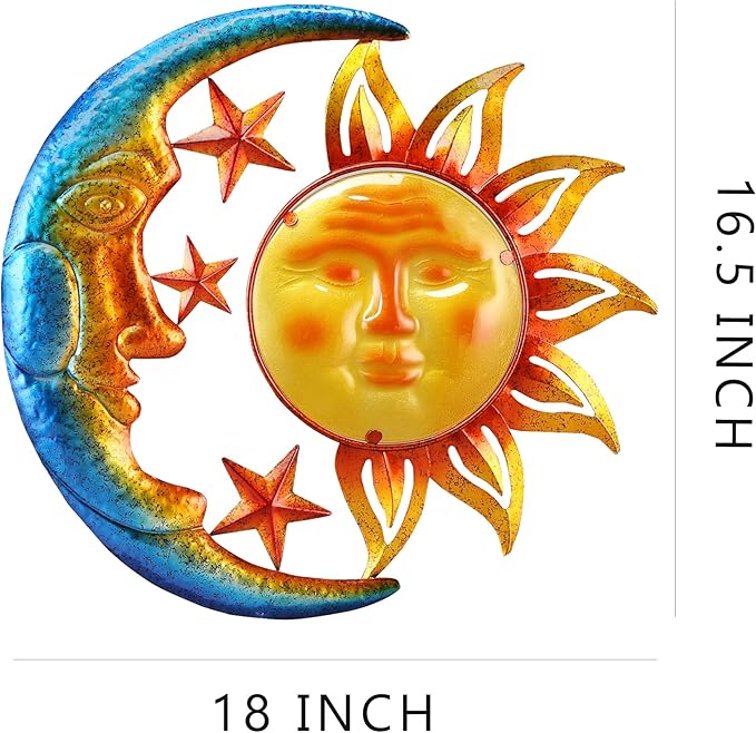Large 19 Inch Metal Sun Moon Star Wall Art Decor, Bright Color Inspirational Valentine, Resistant to Rust Metal Sculpture Hanging for Indoor Outdoor Home Living Room Office Yard Garden