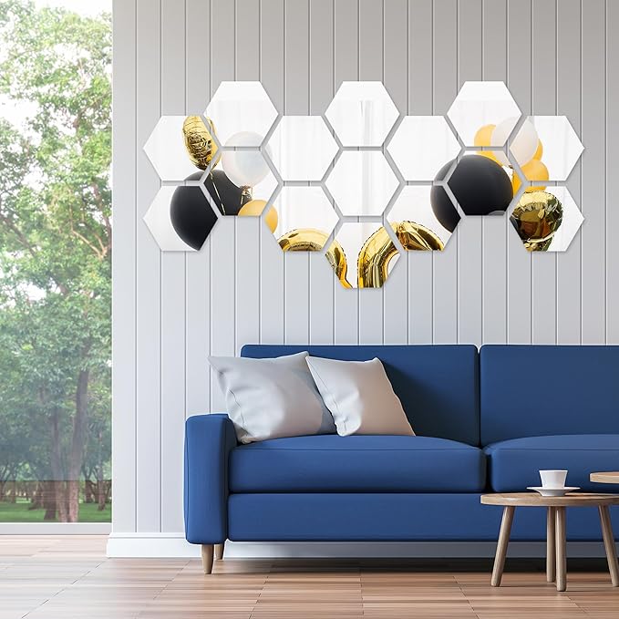 Shappy 32 Pcs Hexagon Mirror Wall Stickers Removable Silver Acrylic Mirror
