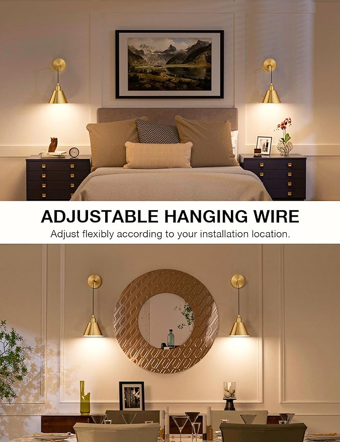 NIORSUN Brushed Gold Battery Operated Wall Sconce Set of 2, 5200mAh Dimmable