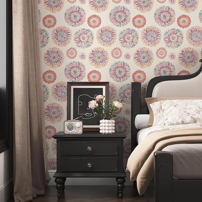 Boho Wallpaper Peel and Stick, Vintage Circle Floral Contact Paper, Abstact