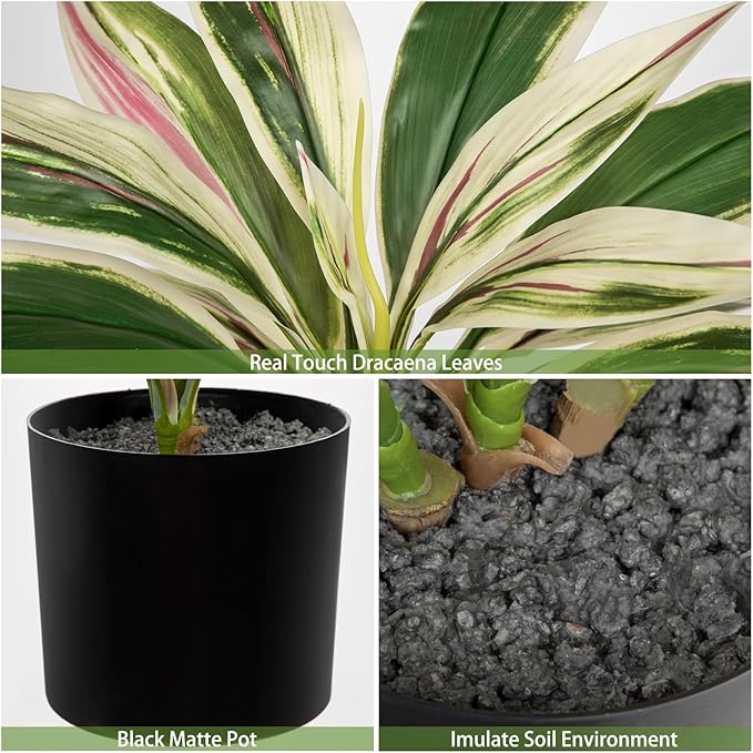 Oairse Artificial Plants Indoor with Pot, 18" Fake Potted Plants Medium Artificial Dracaena Plant in Black Pot Faux Tropical Plants for Bathroom Living Room Office Desk Shelf Decor