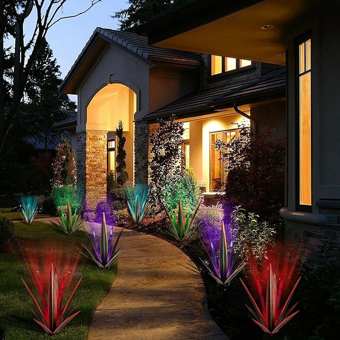KODIBO Large Tequila Rustic Sculpture, Rustic Metal Agave Plants for Outdoor Patio Yard, Home Decor Hand Painted Metal Agave Garden Yard Statue, Outdoor Lawn Ornaments (Green - L (W/Solar Light))