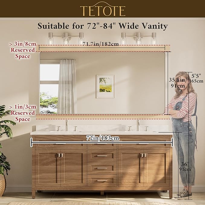 TETOTE 72 x 36 Inch Brushed Gold Bathroom Mirror, Rectangle Metal Frame