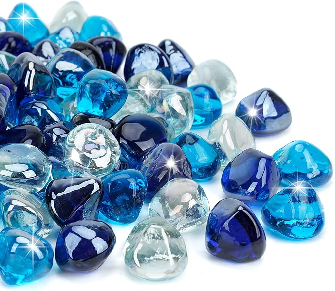Mr. Fireglass 10 Pounds Blended Fire Glass Diamonds for Fireplace Fire Pit & Lanscaping - 1 inch High Luster Fire Rocks with Mixed Colors (Cobalt Blue++Crystal Ice+Caribbean Blue)
