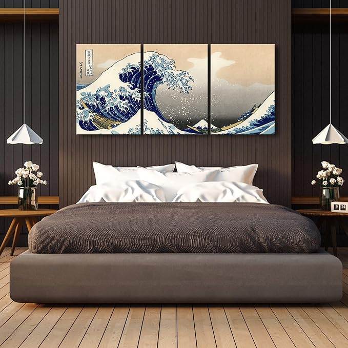Wieco Art Great Wave of Kanagawa Katsushika Hokusai 3 Piece Modern Canvas