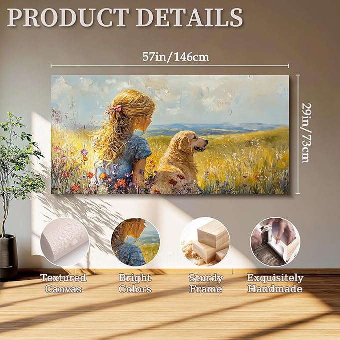 SERIMINO Portrait Animal Extra Large Wall Art, Meadow Landscape Wall Prints, Woman Golden Retriever Dog Canvas Paintings, Rustic Wall Decor Living Room Bedroom Dining Room Farmhouse Cottage 29"X57"