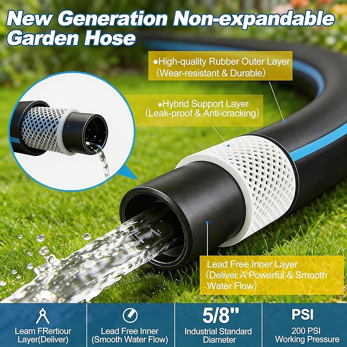 Heavy Duty 5/8 in x 25FT Non-Expandable Garden Hose, Lightweight Rubber Hybrid Water Hose, Kink Resistant Flexible & Durable, Leak-Free 3/4" Brass Male to Female Fittings for Lawn Patio