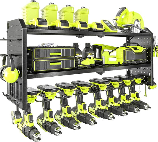KAFAHOM Power Tool Organizerï¼Large 8 Drill Holder Wall Mount ï¼Heavy Duty Metal Tool Shelf with 12 Hooksï¼Storage Rack for Garage Organizationï¼Utility Cordless Drill Holder and Battery Shelves