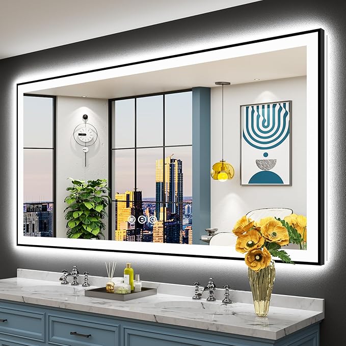 72x40 Black Framed LED Bathroom Mirror