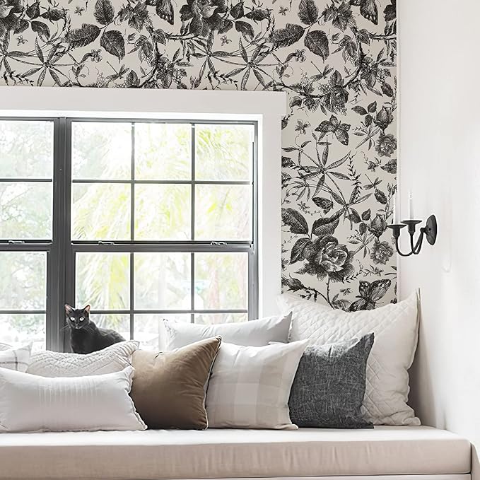 JiffDiff Floral Vintage Wallpaper Peel and Stick Wall Stick Black and White
