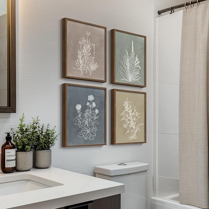 Boho Framed Botanical Wall Art for Bathroom Decor, 4 Piece Rustic Floral Canvas