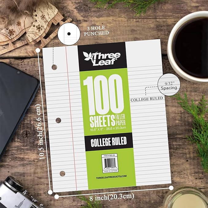 THREE LEAF 100 SHEETS COLLEGE RULED FILLER PAPER, PACK OF 24, LOOSE-LEAF SHEETS FOR SCHOOL AND OFFICE 100 CT. FILLER PAPER, NOTEBOOK PAPER