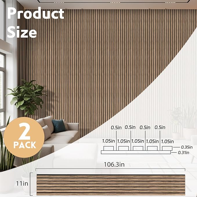 2 Pack Wood Panels for Wall, 106.3" × 11" Wood Slat Acoustic Panels for Wall