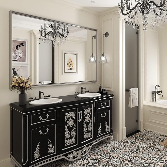 48 x 30 Beveled Bathroom Mirror, Shatterproof Rectangle Mirror, Metal Framed