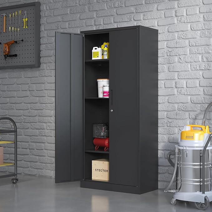 Metal Storage Cabinet with Adjustable Shelves, Garage Tool Cabinet with 2