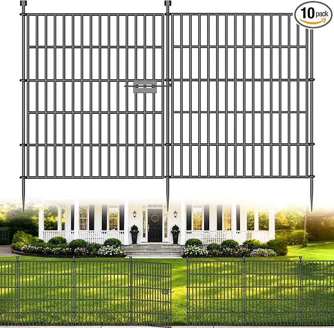 10 Panels No Dig Decorative Outdoor Garden Fence with Gate for Yard, 32 in(H) X 23.6 ft(L) Animal Barrier Fencing Rustproof Metal Wire Panel Border for Dog, Rabbits, and Patio Temporary Ground Stakes