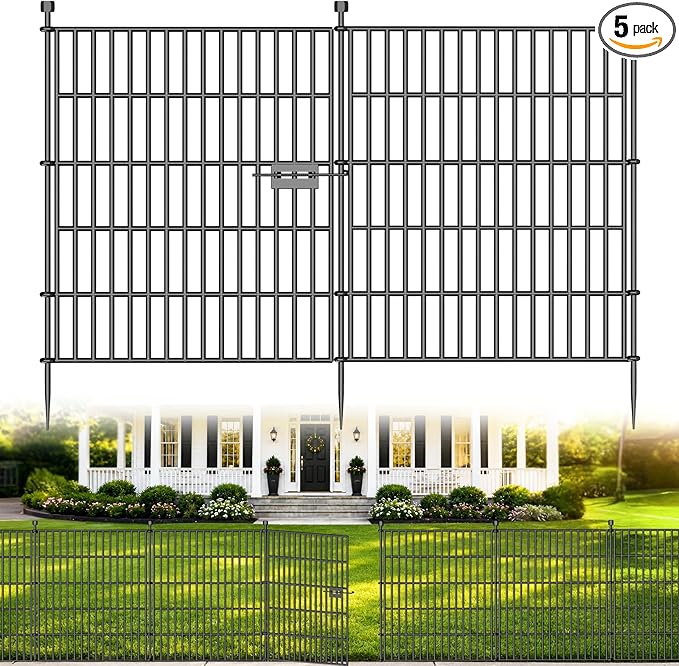 5 Panels No Dig Decorative Outdoor Garden Fence with Gate for Yard, 32 in(H) X 11.8 ft(L) Animal Barrier Fencing Rustproof Metal Wire Panel Border for Dog, Rabbits, and Patio Temporary Ground Stakes