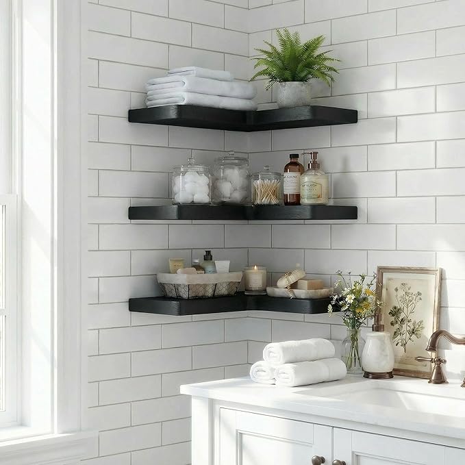 16 Inch Solid Wood Floating Corner Shelves 3 Pack