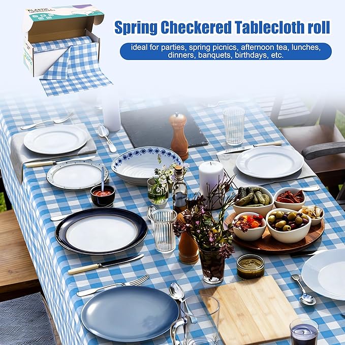 Kochorie 54 Inch x 300 Ft Light Blue Checkered Plastic Table Cloth Roll