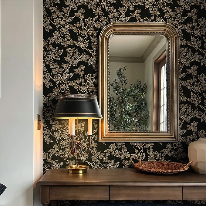 Ismoon Peel and Stick Wallpaper Black and Gold Stick on Wallpaper Dark Floral
