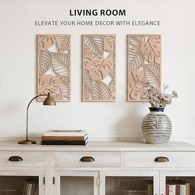 VIYYIEA Boho Solid Wood Carved Wall Art Set of 3, Geometric Minimalist Wooden