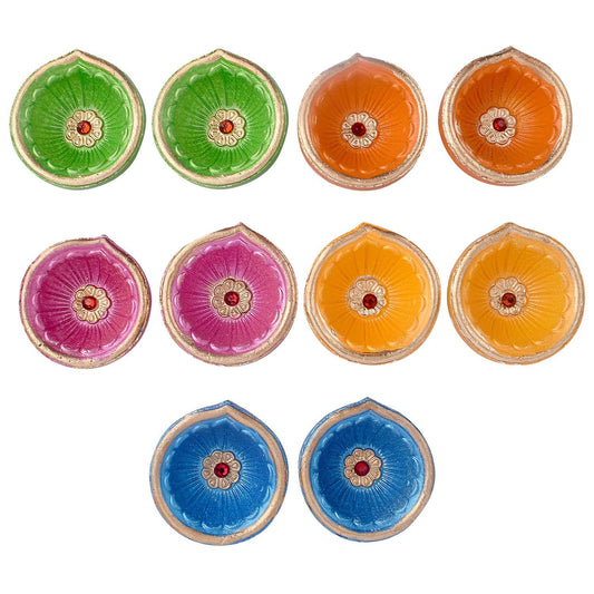 Craftsman Clay Diya Set of 10, Multicolor Terracotta Oil Lamps for Diwali Pooja D?or