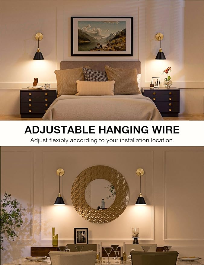 NIORSUN Gold & Black Battery Operated Wall Sconce Set of 2, 5200mAh Dimmable