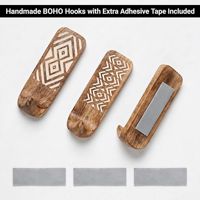 Indian Shelf 10 LB Decorative Wood Adhesive Wall Hooks – Boho Peel and Stick