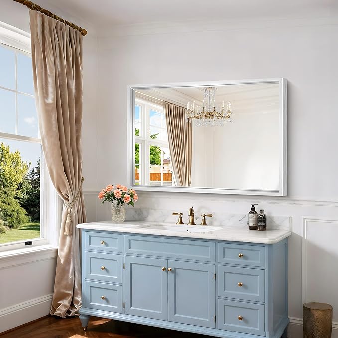 42x30 Silver Bathroom Mirror, Brushed Silver Rectangular Mirror