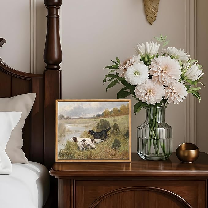 Floating Framed Vintage Hunting Dog Wall Art, Classic Countryside Landscape