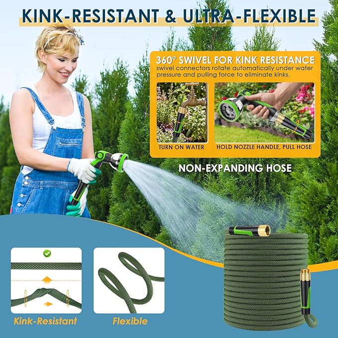 Non-Expandable Garden Hose 150 FT, Lightweight Hose with 10 Function Spray Nozzle, Kink-Free Flexible Water Hose, Durable, Leak-Proof, 360° Swivel Connectors, Portable Storage Strap
