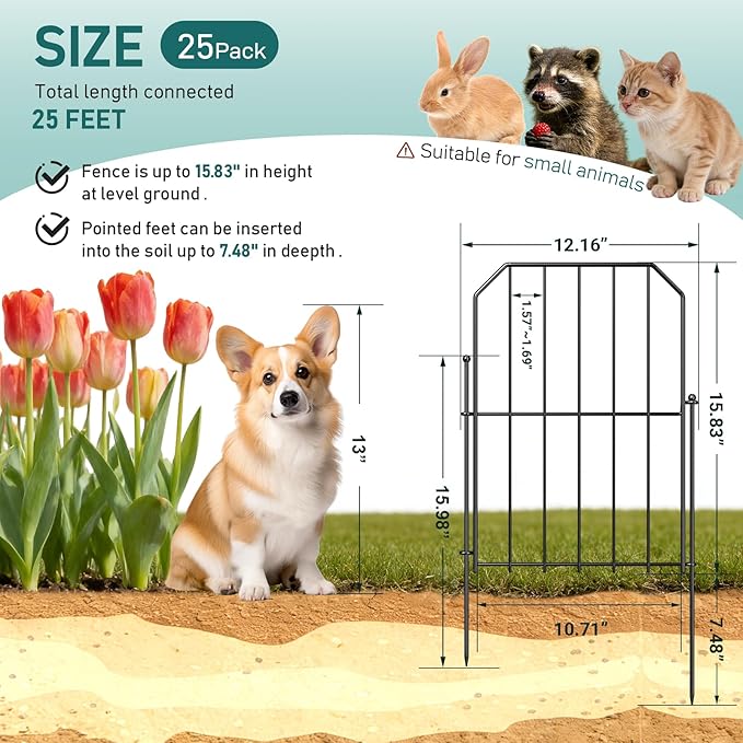 Goovilla Garden Fence, Total 25ft(L) x 24in(H) Garden Fencing Animal Barrier, 25 Pcs Rustproof Metal Wire No Dig Fence Panels, Black Decorative Garden Fences and Borders for Dogs, Flower Bed, Patio