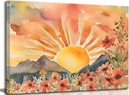 Boho Sun Canvas Wall art Mid-Century Modern Abstract Bohemian Sunset in The