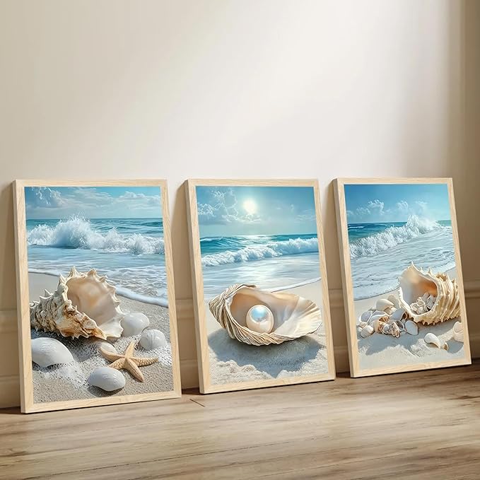 SYWENNOI 3 Piece Wood Framed Beach Wall Art, Sandy Shore, Pearl in Shell