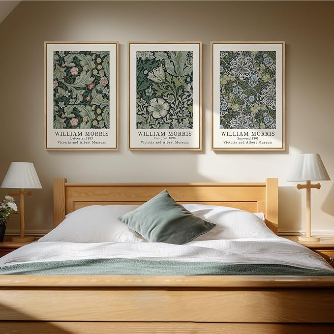 Framed William Morris Canvas Wall Art Set of 3, Boho Farmhouse Botanical Decor