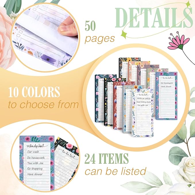 Censen 10 Pack 500 Sheets To Do List Notes Daily Checklist Notepads with 50 Sheets Each Undated Color Memo Pad Block Shopping List Pad Weekly Plan Notepad Organizer Planners(Flower Color,Lined)