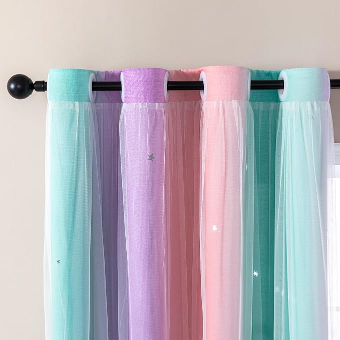 XiDi Curtains for Bedroom Decor, Rainbow PinkPuGreen-52-90