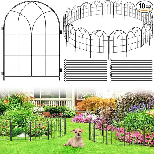 Youpehom Decorative Garden Fence, Large 10 Panels, 31.9 in H x 24.1 ft L No Dig Metal Border Fencing with Stakes, Animal Barrier for Dogs Rabbits, Flower Beds Yard, Black